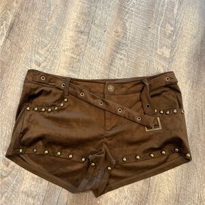 Edikted Brown Studded Low-Rise Jean Shorts with Belt